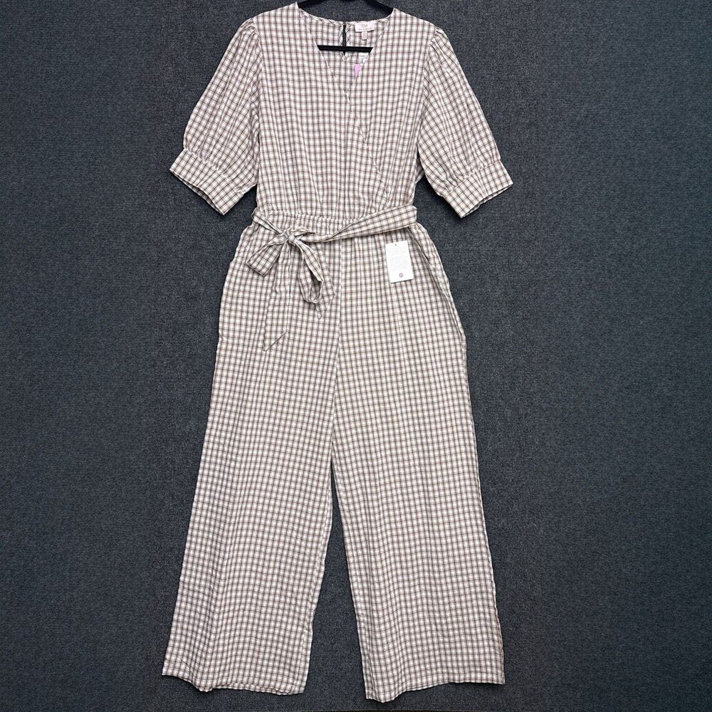 NWT DM Fashion Jumpsuit Brown Gingham Wide Leg Boho Cottagecore XL